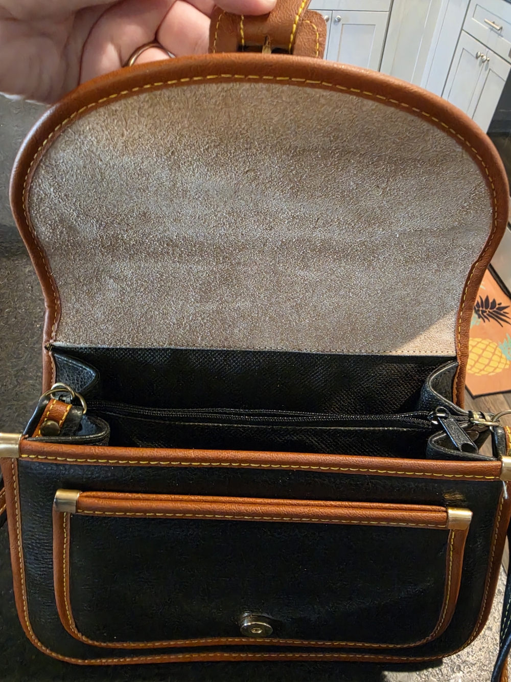 Dooney & Bourke Black Leather Satchel with Brown Trim and Brass Accents - Picture 5 of 9